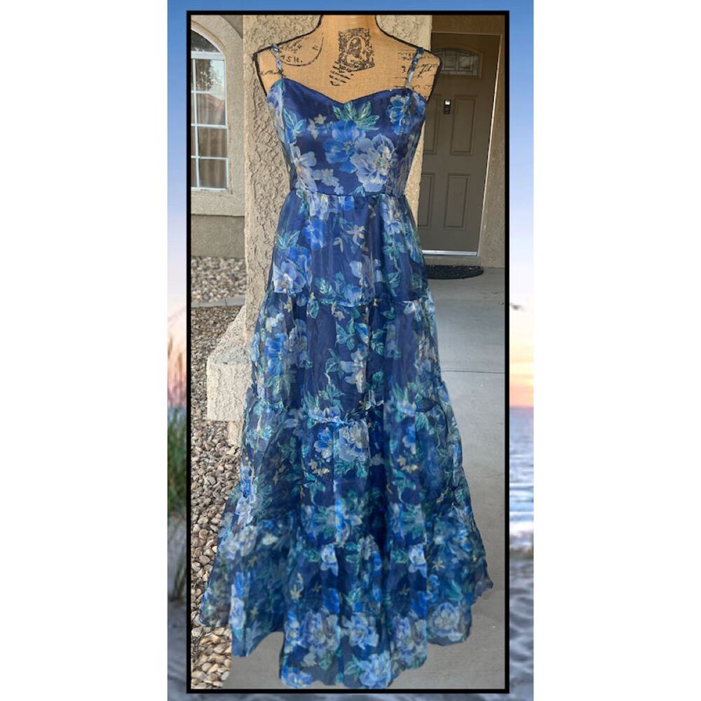 Lulus Blue Floral Organza Tiered Maxi Exclusive Glamour Dress Size S - Picture 2 of 9